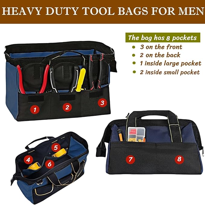 13 Inch Heavy Duty Tool Bag for Men, Waterproof Hard Bottom, Wide Mouth with Zipper Tool Bag, Multi Pocket Organizer for Electricians, Carpenters, Mechanics (Blue)