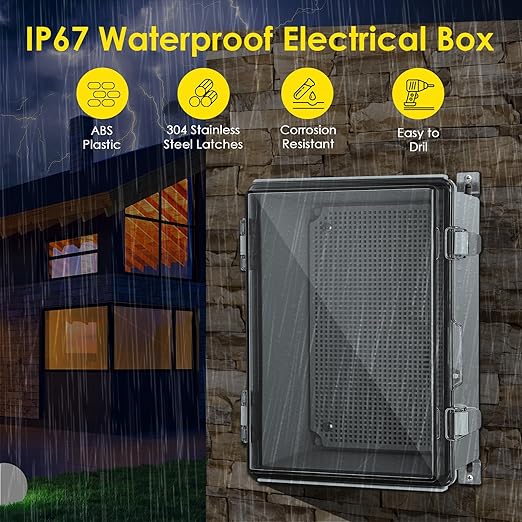 Waterproof Electrical Junction Box, IP67 Plastic Weatherproof Electrical Enclosure with Aluminum DIN Rail, Mounting Plate, Wall Brackets for DIY Project WiFi, Clear (13.8''×9.8''×5.9")
