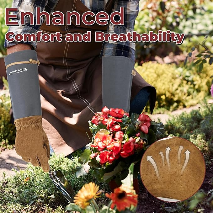 HANDLANDY Long Gardening Gloves for Men & Women, Pigskin Leather Rose Pruning Gloves, Breathable Thorn Proof Gauntlet Glove (Steel Gray, S)