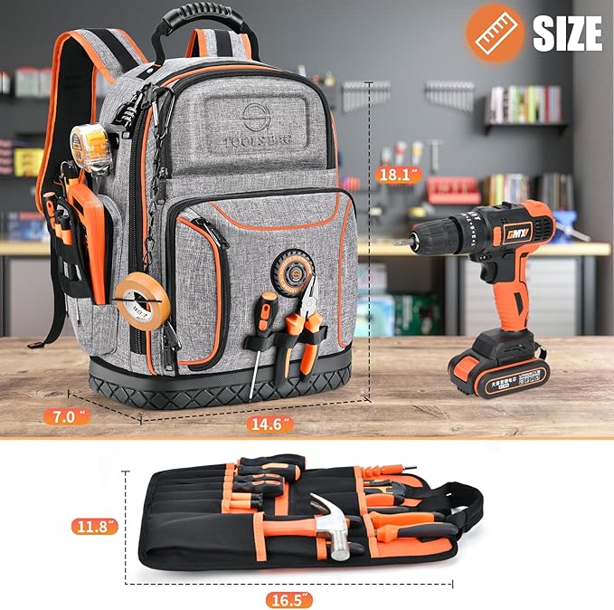Tool Bag Backpack, 75 Pockets & Loops Heavy Duty Tools Organizer Bags/HVAC Tool Carrier for Eelectrician/Construction Work with Molded Base and Combination Lock, Large, Grey
