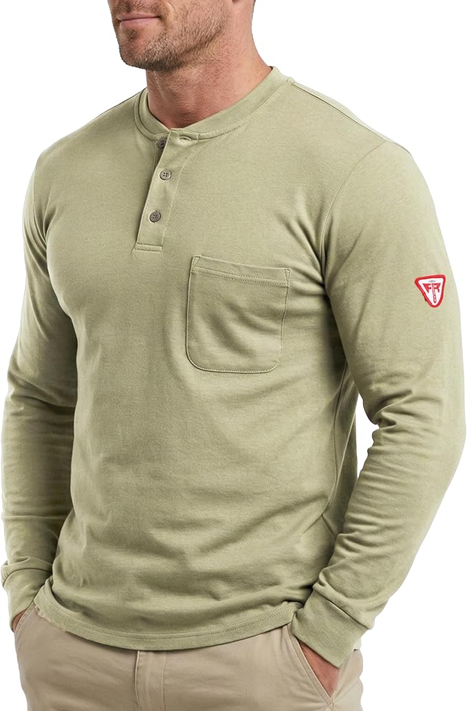 TICOMELA FR T Shirt Flame Resistant Shirt 5.5oz 100% Cotton Light Weight Workwear Men's Long Sleeve Henley Shirts
