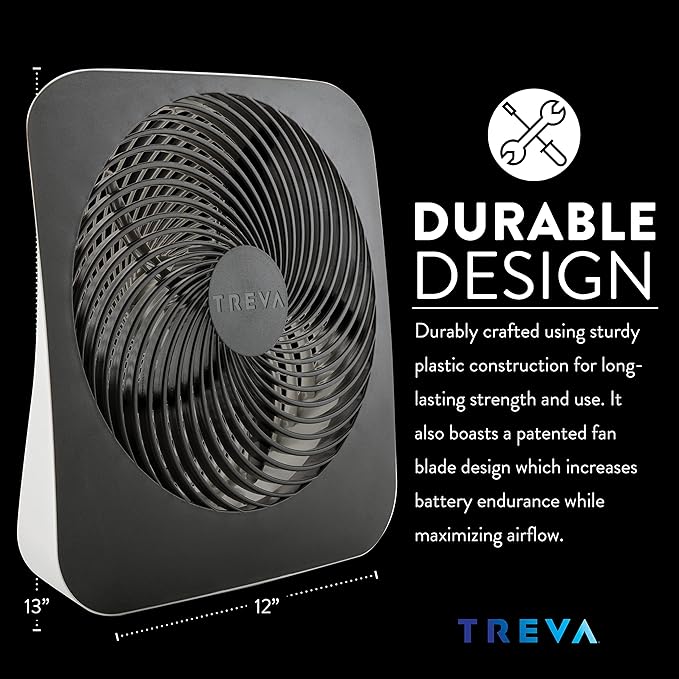 Treva 10-Inch Portable Desk Battery Fan, Powered by Battery and/or AC Adapter - Air Circulating with 2 Cooling Speeds, With Built In USB Charging Port