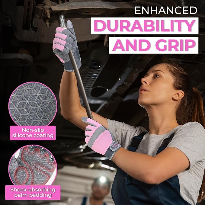 HANDLANDY Work Gloves for Women, Breathable Leather Gardening Glove for Yard Maintenance, Hand Protection with Touch Screen