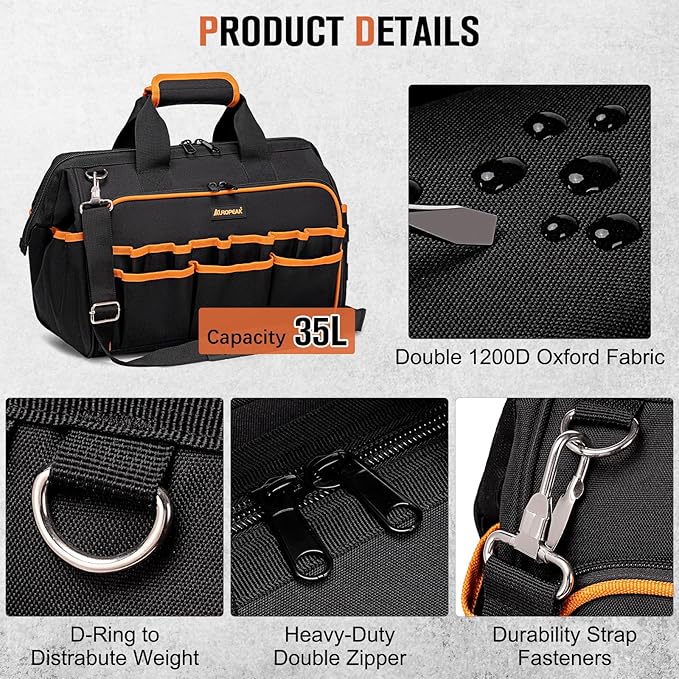 17-Inch Electrician Tool Bags for Men, 46-Pocket Heavy Duty Tool Bag, Foldable Hvac Tool Bag Organizer with Wide Mouth & Adjustable Shoulder Strap for Electricians Mechanics Craftsman Contractor