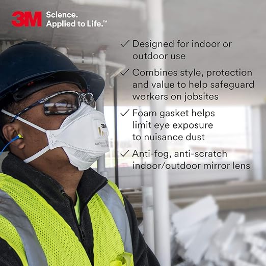 3M Safety Glasses, Virtua CCS, ANSI Z87, Anti-Fog, Indoor/Outdoor Mirrored Lens, Blue Frame, Corded Ear Plug Control System, Removable Foam Gasket, Pack of 1