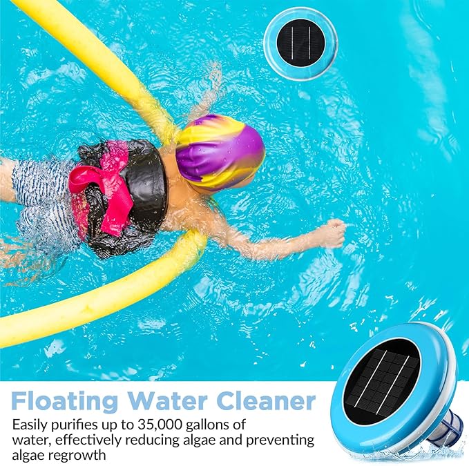 Qualirey 1 Set Solar Pool Ionizer Floating Water Cleaner and Purifier, Kill Algae in Pool, 85% Less Cl, with 4 Pcs Eliminating Ball for Fresh and Salt Water Pools Spas, Reusable(Blue)