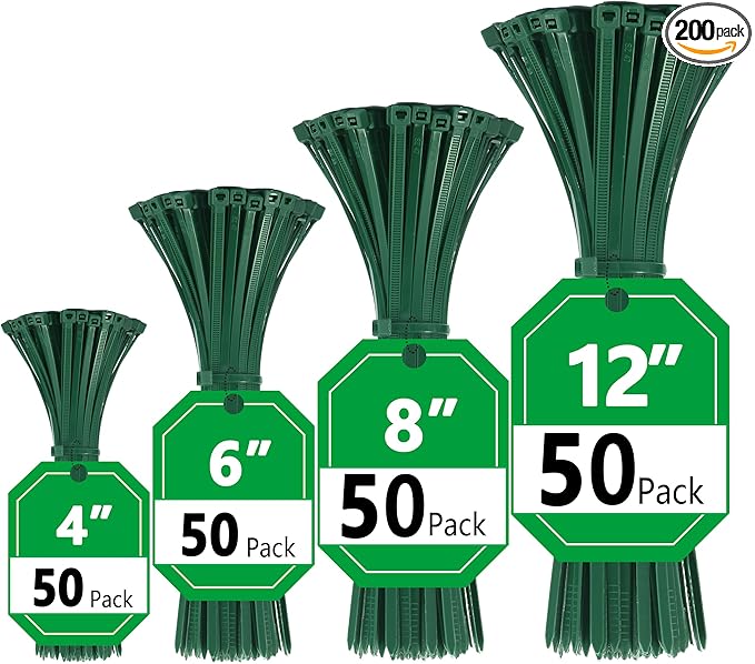 Green Zip Ties, Zip Ties Assorted Sizes 4/6/8/12 inch, 200 Pack, 18-50 lb Tensile Strength, Zipties, Green Cable Ties for Christmas, Garden, Plants, Floral Arrangements by Glufirm