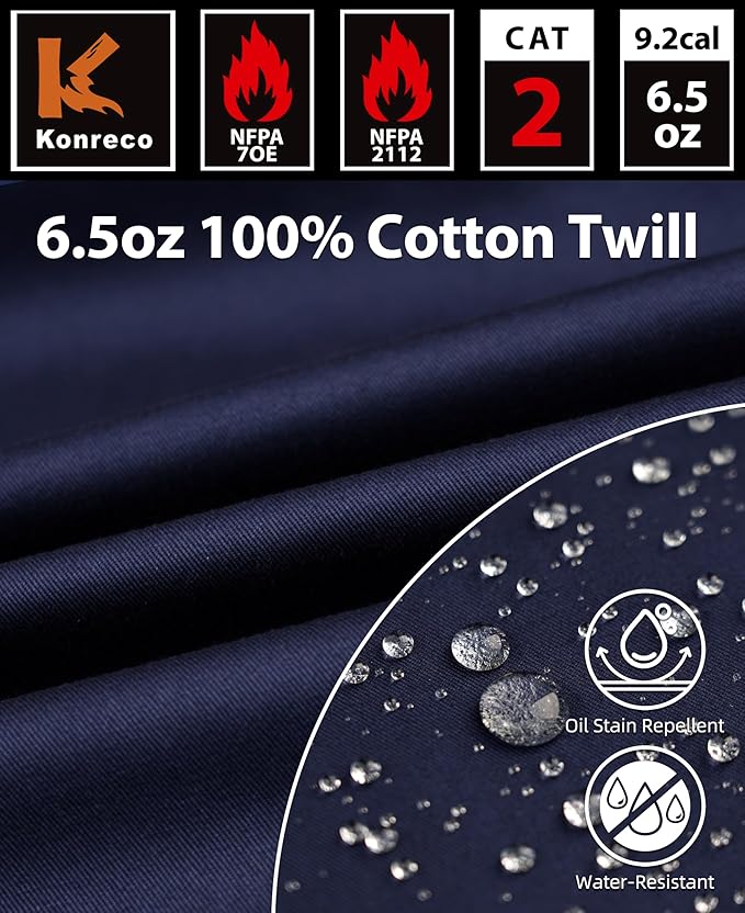 KONRECO FR Shirts for Men 6.5oz Lightweight Work Uniform Flame Resistant Welding Shirt/Water & Stain Repellent