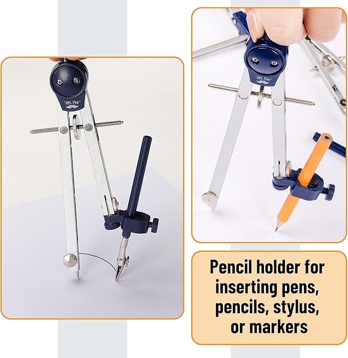 Mr. Pen- Professional Geometry Set Metal Compass, 7 pcs, Geometry Precision Tool Set with Shatterproof Storage Box, Drafting Tools & Drafting Kits