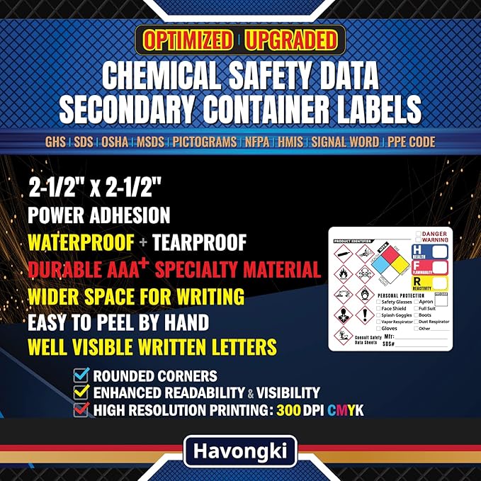 2-1/2'' x 2-1/2'', Optimized GHS Labels Hazardous Chemical Safety Data Stickers - HAZCOM Secondary Container HMIS OSHA MSDS Hazard NFPA SDS MSD Hazmat Sheet