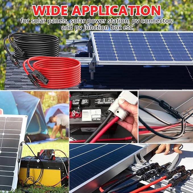 2x100 Feet Solar Panel Extension Cable, 10AWG Solar Cable with Female and Male Waterproof Connectors for RV, Photovoltaic Systems (100FT Red + 100FT Black)