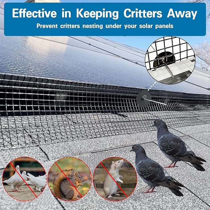 Solar Panel Bird Guard,8in x100ft Critter Guard for Solar Panels with 80pcs Fastener Clips,PVC Coated Critter Guard with Gloves and Pliers,1/2in Pigeon Solar Panel Mesh for Bird Proofing