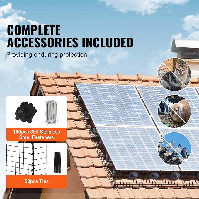 VEVOR Solar Panel Bird Guard 6inch x 98ft PVC Coated Mesh Roll Kit with 100pcs Fasteners, 50pcs Tie Wires,Critter Fence,Pigeon Proofing, Black