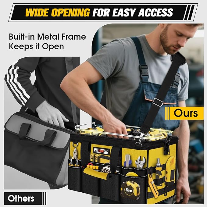 16-Inch Heavy Duty Tool Bag, 19-Pockets Tool Box Organizer, Portable Toolbag W/Soft Handle for Organized Storage, Mechanic Gifts for Men Dad Husband Fathers Day, Wide Mouth Electrician Toolbox, Yellow
