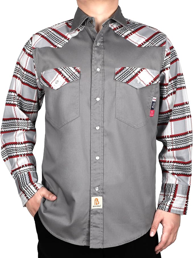 BOCOMAL FR Shirts Pearl Snaps Two Tone Plaid/Solid Flame Resistant Cotton Welding Shirt NFPA 2112 CAT 2