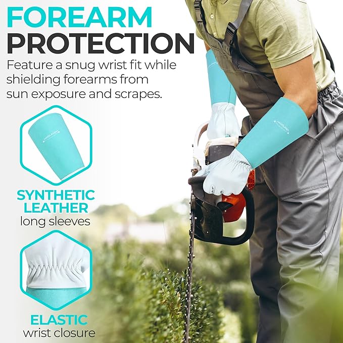 HANDLANDY Long Gardening Gloves for Men & Women, Thorn Proof Rose Pruning Gloves Leather Gauntlets Garden Glove Yard Work Glove (Teal Green, Small)