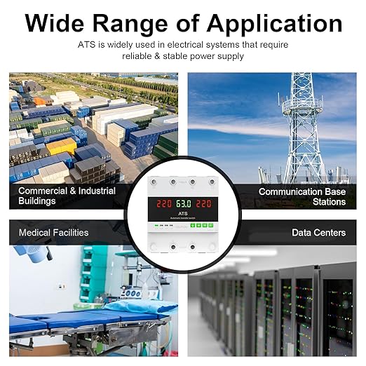 110 VAC Dual Power Automatic Transfer Switch, 2-Pole 63 Amp DIN Rail ATS, Adjustable Emergency Power Switch with 3.54” Guide Rail