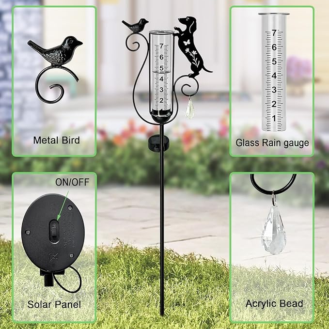 Dachshund Dog Rain Gauge Outdoor,Solar Powered Decorative Metal Dog and Bird Garden Stakes,Rain Gauges for Yard,Pathway,Lawn