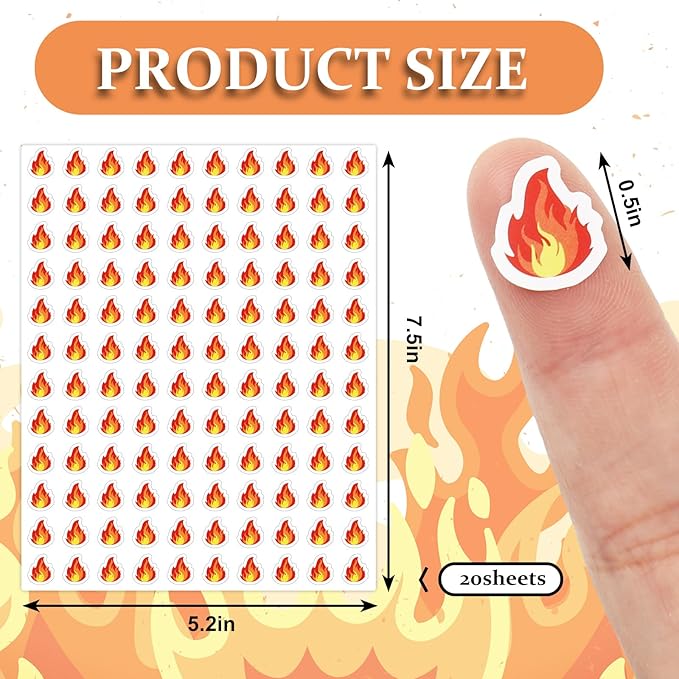 JarThenaAMCS 2400Pcs Mini Fire Sticker Camping Flame Paper Decals Orange Self-Adhesive Stickers for Envelopes Scrapbook Gifts DIY Supplies, 0.5 in