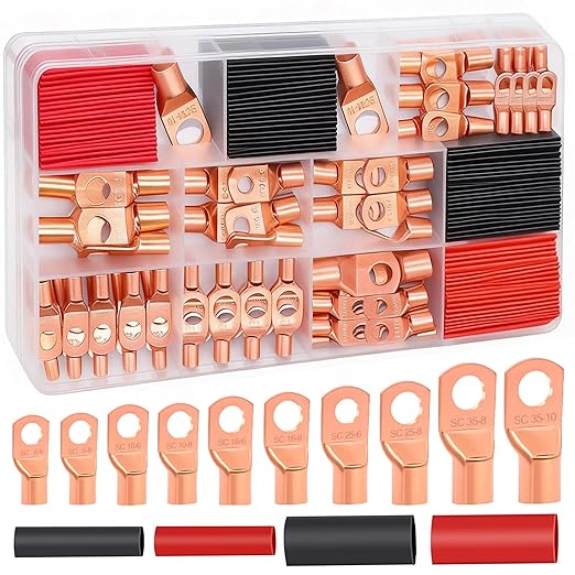 Twidec/160PCS Battery Cable Ends AWG 2 4 6 8 10 12 Gauge Copper Cable Wire Lugs,Ring Terminals Connectors,Copper Ring Terminals Connectors with Heat Shrink N-095-160PCS