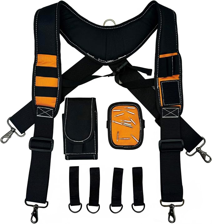 Tool Belt Suspenders for Work Belt Heavy Duty Padded with Magnetic WristBand Attachment Loops for Men