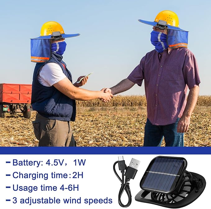 1 Set Sun Hard Hat Shade Full Brim Hard Hat Sun Visor with Solar Fans and Neck Sunshade Cover High Visibility Full Brim Mesh with Reflective Strip, Summer Protection Accessories(Blue)