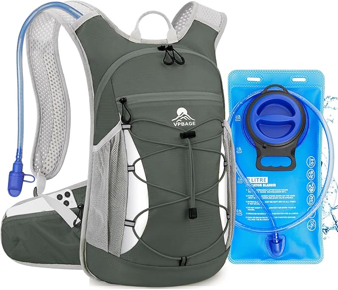 Hydration Backpack with 2L Water Bladder - Lightweight 15L Daypack with Phone-Sized Hip Belt Pockets, Anti-Chafe Cotton Edging & No-Bounce Straps - Small Water Backpack for Hiking, Running, Skiing