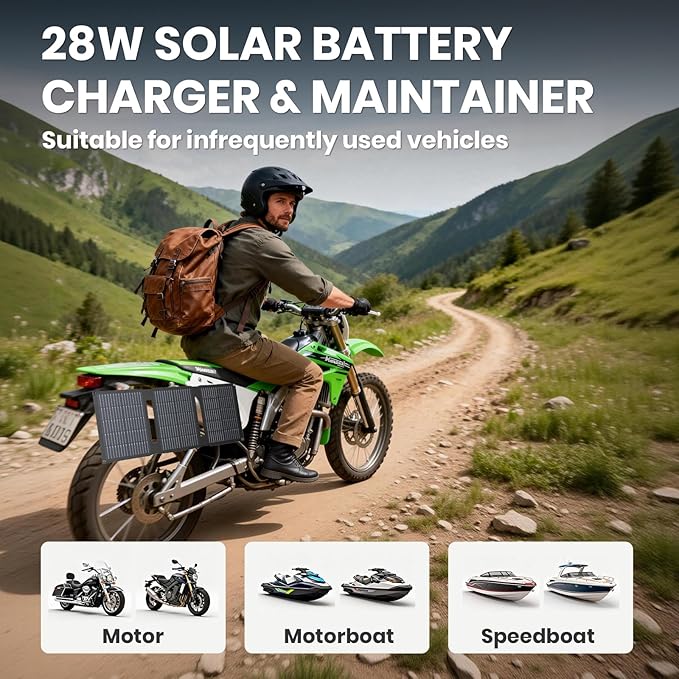 FlexSolar 28W 12V Portable Solar Panel Battery Charger Maintainer Kits Trickle Charger with Built-in Charge Controller, Cig Plug, Alligator Clips, O-Rings OBDII Connector for Car, Truck,Tractor, Boat