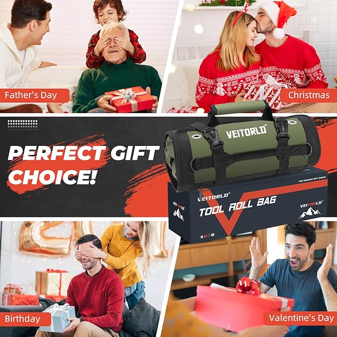 Tool Roll Up Bag, Gifts for Him Men Dad Husband Boyfriend Fathers Day, 1680D Portable Tool Storage for Men, Heavy Duty Tool Organizer with Detachable Pouches&Wrench Roll for Mechanic
