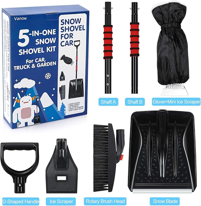 Snow Shovel Kit Removal Tools - 5 in 1 Foldable Car Snow Shovel + Snow Brush + Ice Scraper + Glove + Mini Ice Scraper, Portable Emergency Snow Remover Shovel Set for Car Truck Camping Outdoor
