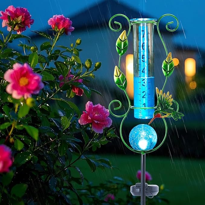 WONDER GARDEN Solar Rain Gauge Outdoor, Hummingbird Decorative Rain Gauges Outdoors Best Rated with Blue Crackled Glass Ball, Freeze Proof Water Rain Measure Gauge for Yard Patio Lawn Decor