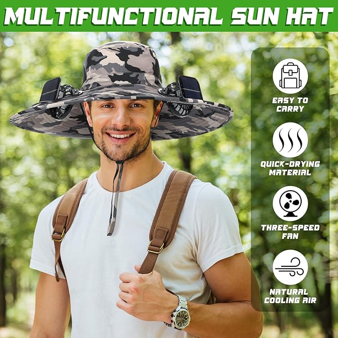 Berlune Men Sun Hat with 2 Solar Fans Wide Brim Outdoor Fishing Hat USB & Solar Powered for Sun Protection Camping Hiking