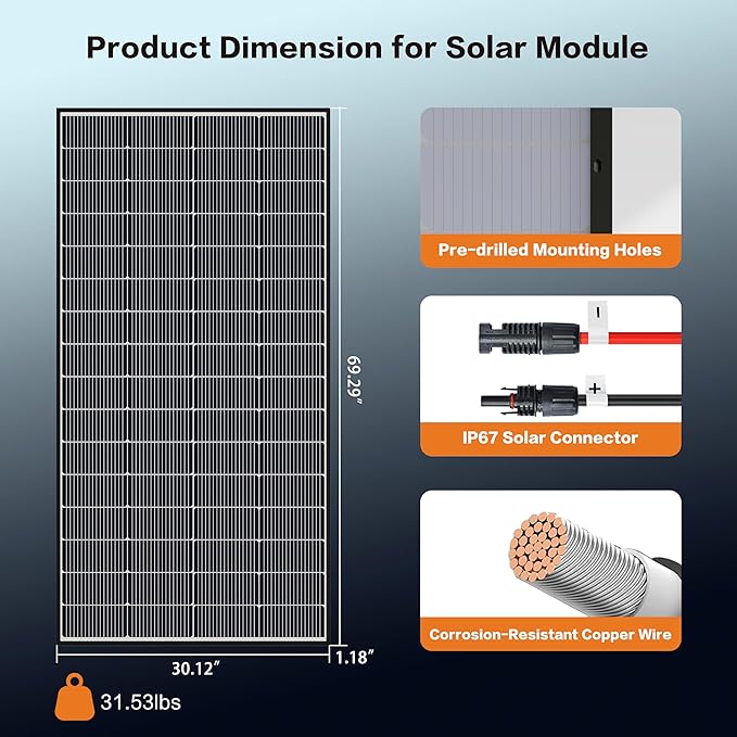 300 Watt Solar Panels, N-Type 16BB 300W Bifacial Solar Panel, 25% High Efficiency Solar Module Work with 24V Solar Panel for Homes Rooftop Power Station Farm RV and Off-Grid Applications