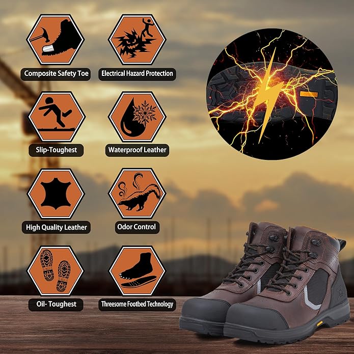 MWORK 6" Work Boots For Men Leather ASTM F2413-18 Composite Safety Toe EH Rated Arch Support Anti Fatigue
