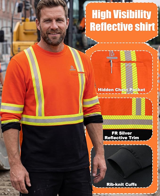 BOCOMAL FR Hi-Vis Shirts 6oz Lightweight High Visibility Reflective Flame Resistant/Fire Retardant Shirt Men's Safety Shirts