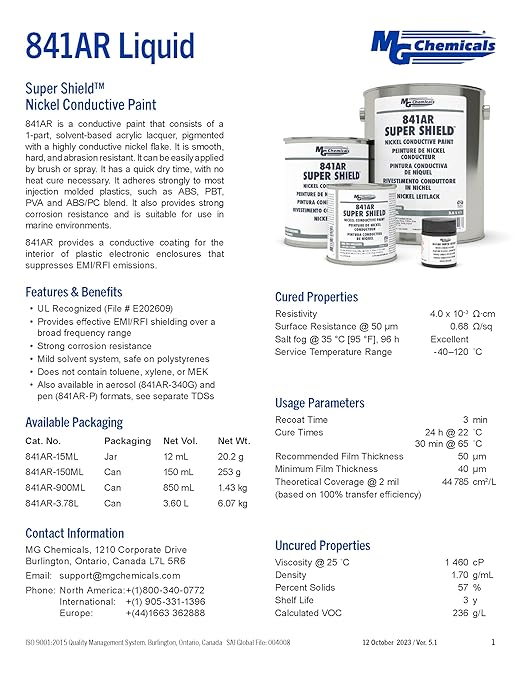 MG Chemicals 841AR Nickel Super Shield Conductive Paint, 55 mL Bottle