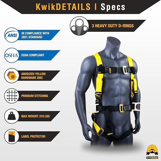 KwikSafety - Charlotte, NC - HURRICANE Safety Harness [3 D-RINGS, BACK SUPPORT] ANSI Tested OSHA Compliant