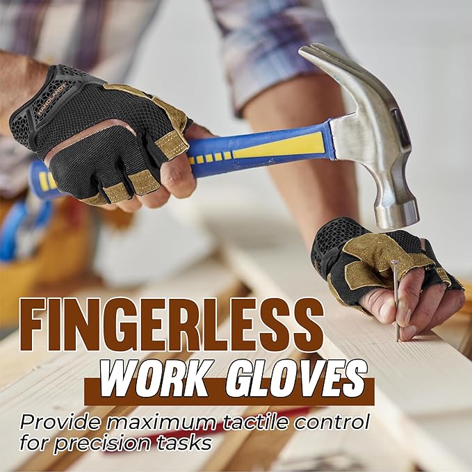 HANDLANDY Fingerless Work Gloves for Mens & Women, Uwrist Half Finger Shock-Absorbing Breathable Glove