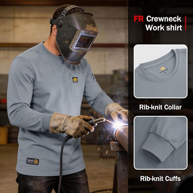 WORKWEYA Men's FR Shirts 6.5oz Lightweight Long Sleeve Flame Resistant T-Shirt NFPA 2112/CAT2