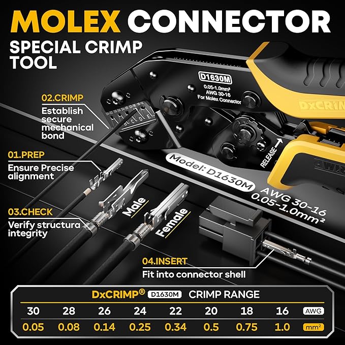 Micro-Fit 3.0 Crimping Tool Kit, 22 Types 2–20 Pin 3.0mm Pitch Connectors, Ratcheting Crimper for 30–20 AWG, with Pin Extractors, PC/PSU & Appliance Wiring, Compatible with Molex Micro-Fit 3.0