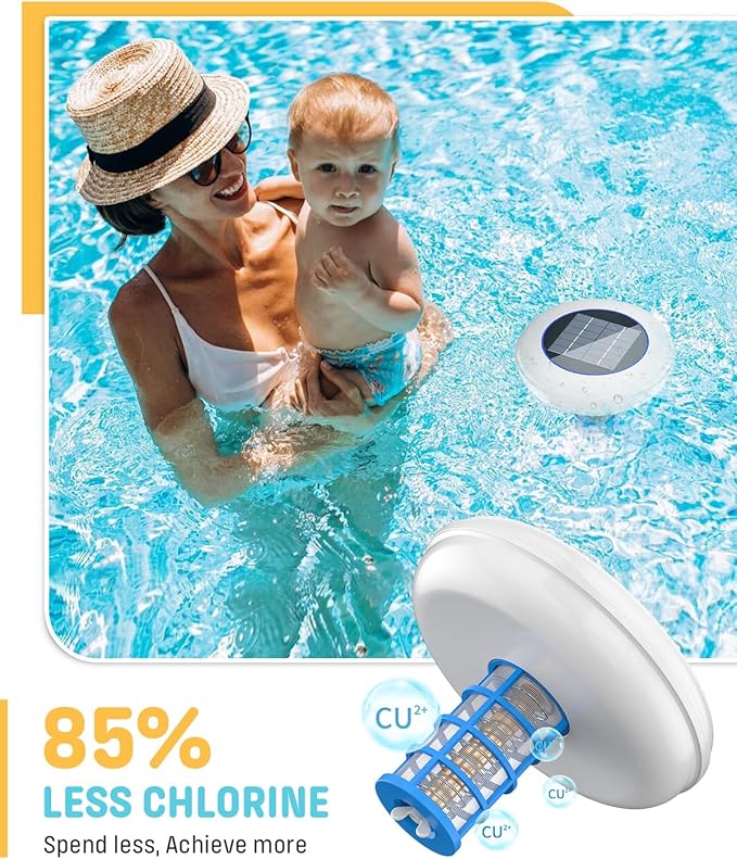 Solar Pool Cleaner, Floating Water Cleaner and Purifier, Copper for Pool 35,000 Gallons, Large Solar Panel & 2 Sets of Fittings, Floating Water Cleaner for Above Ground Pool & Inground Pool
