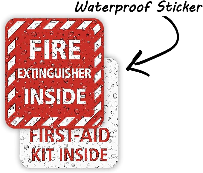 Fire Extinguisher Inside & First‑Aid Kit Inside Safety Stickers – 2‑Pack, 5″×5″ Self‑Adhesive Vinyl Decals for Vehicles, Facilities, Offices & Warehouses – Weatherproof, Removable
