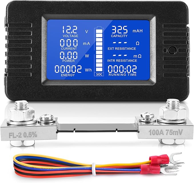 DC Multifunction Battery Monitor Meter, 0-200V 0-100A LCD Display Digital Current Multimeter Voltmeter Ammeter for Cars Rv Solar System