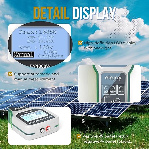 EY1800W Solar Panel Tester Multimeter, DC/AC Solar Panel Watt Meter, Photovoltaic Panel Solar Power Tracker, Auto & Manual MPPT Open Circuit Volt Current Troubleshoot Utility Tool Backlit LCD Display