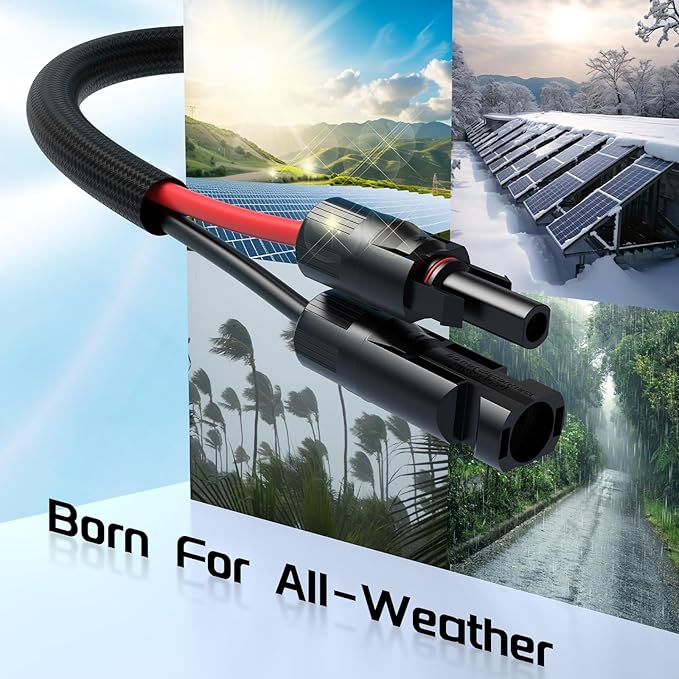 Bateria Power 1 Pair 50FT Solar Cables, 10 Gauge Solar Extension Cable with IP68 Female & Male Waterproof Connectors and Dust Caps for RV, Photovoltaic Systems