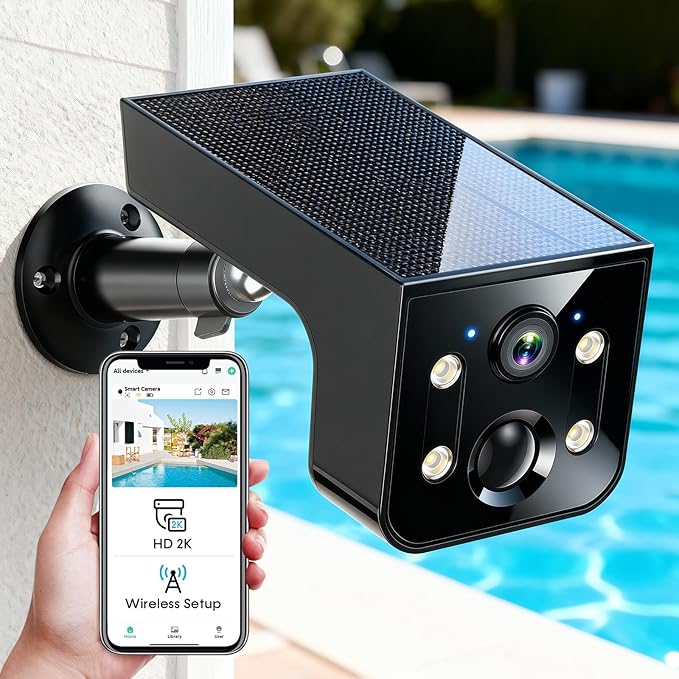 Solar Powered Camera Security Outdoor: AI Motion Detection 2K Outdoor Camera Wireless - Long Battery Life for Home & Business Monitoring(Black)