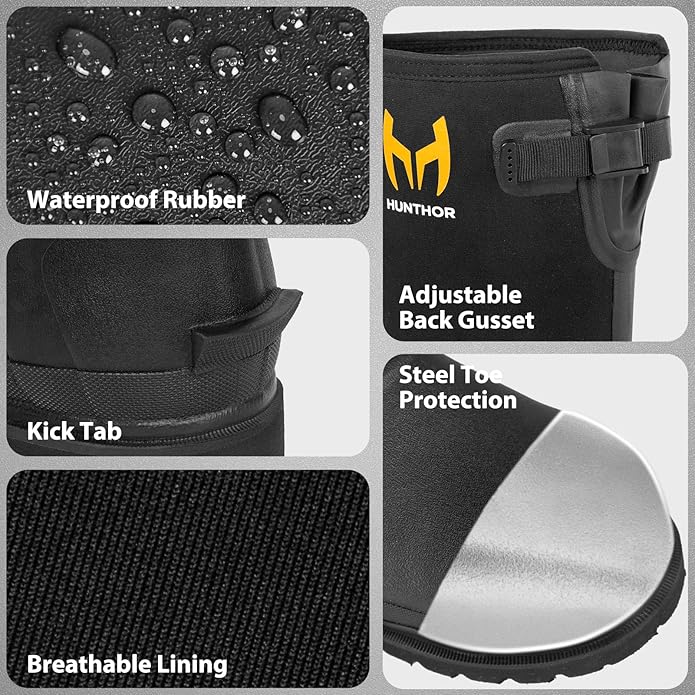 Rubber Work Boots, Puncture-Proof with Steel Toe & Shank, Lightweight Waterproof Anti Slip EVA Outsole Hunting Boots for Men, 6mm Neoprene for Construction, Manufacturing or Farming(Size 6-14)