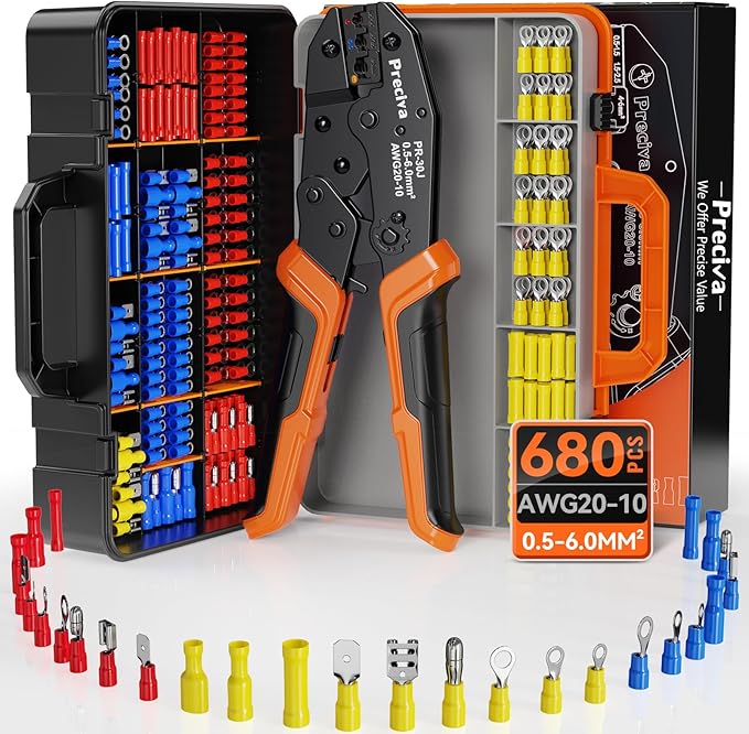 Preciva Crimping Tool for Insulated Terminals Wire Connectors, AWG20-10 Ratchet Crimper with 680 Pcs Insulated Terminals Connectors