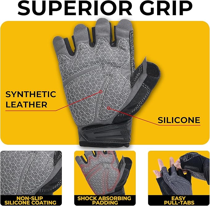 HANDLANDY Fingerless Work Gloves for Mens & Women, Uwrist Half Finger Shock-Absorbing Breathable Glove