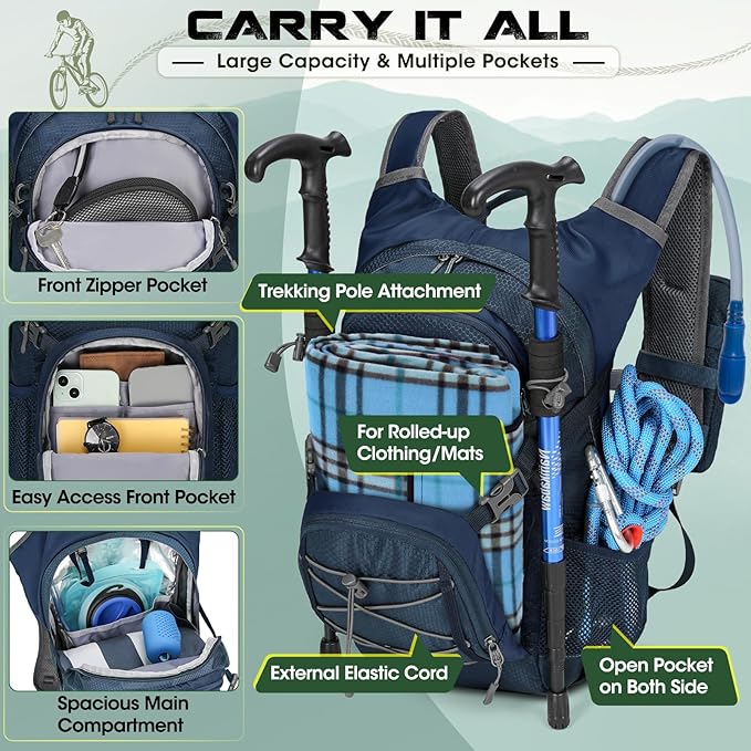 Hydration Backpack with Water Bladder, 18L Lightweight Hiking Backpack for Women&Men Small Insulated Hydration Water Pack for Hiking, Running, Cycling, Biking